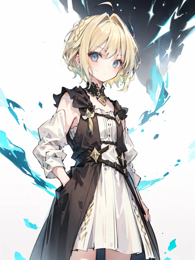 girl,(asymmetric hairstyle:1.3),(blonde:1.2),(Hair cut only on the left side:1.4),((wizard's robe:1.2)),((opening a magic book)),(background with twinkling stars:1.35),waving in the wind,(proud smile),((close up of face:1.2)),((Super high quality:1.5))