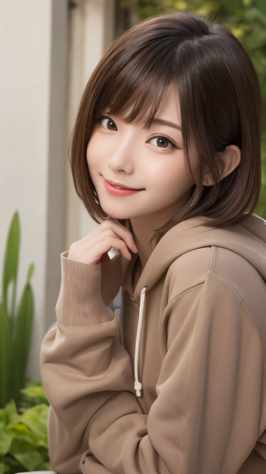 (((garden:1.3, Photographed from the front))), ((brown medium bob:1.3, great style:1.2, shy smile:1.2, cute color hoodie, japanese woman, cute)), (clean, natural makeup), (highest quality, masterpiece:1.3, super High resolution), (Super detailed, caustics), (realistic:1.4, RAW shooting), very detailed, High resolution, 16K resolution , big eyes:1.3, random cute pose