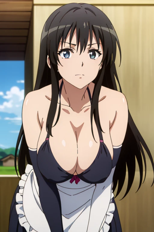 (megami magazine, anime poster style, shueisha style, anime cels style, best quality, high resolution), Yui kotegawa, long hair, black hair, (beautiful detailed eyes:1.8, beautiful face:1.5), 1girl, cute, (sagging large breasts), cleavage, (black maid bikini:1.5, waist apron), cowboy shot, maid gloves, elbow gloves, outdoors, farm