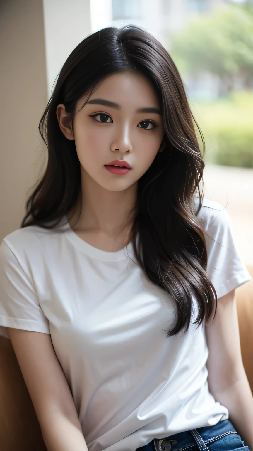 23 years old girl, beautiful, (long face:0.5), long black wavy hair, brown eyes, upturned eyes, straight thin eyebrows, oversize t-shirt, black sweet pants, (photorealistic:1.2), (ultra realistic:1.3), (very detailed:1.1), ((masterpiece)),