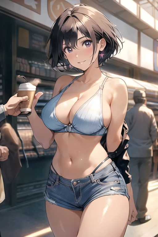 (masterpiece, Best Quality, ultra-detailed, high resolution, extremely detailed CG, official art, Professional Lighting, Perfect Anatomy, anime colors), (from below), looking at viewer, cowboy shot, perfect body, 24yo beautiful 1girl, medium hips, glamorous body,a small face,beautiful-makeup,Makeup light,Shortcut Hair,dark brown hair、Bust b Cup, Amazing Cleavage, thin waist, big ass, Raised sexy, big breast: 1.2 posed cleavage:1.2, (off shoulders,Sportsbra,legginullnude), micro denim shorts, bare legs, nail_polish, pale skin, Waiting friend, (morning:1.5), tokyo, (convenience store:1.3), outdoor, (depth of field:1.3), contrapposto, (Hold a coffee in your hand:1.3),delicate beautiful face, Bright magenta eyes, cute eyes, sparkling eyes, Big eyes, (big breasts:1.3), (perky chest:1.1), (pointed chest:1.3), looking at viewer,