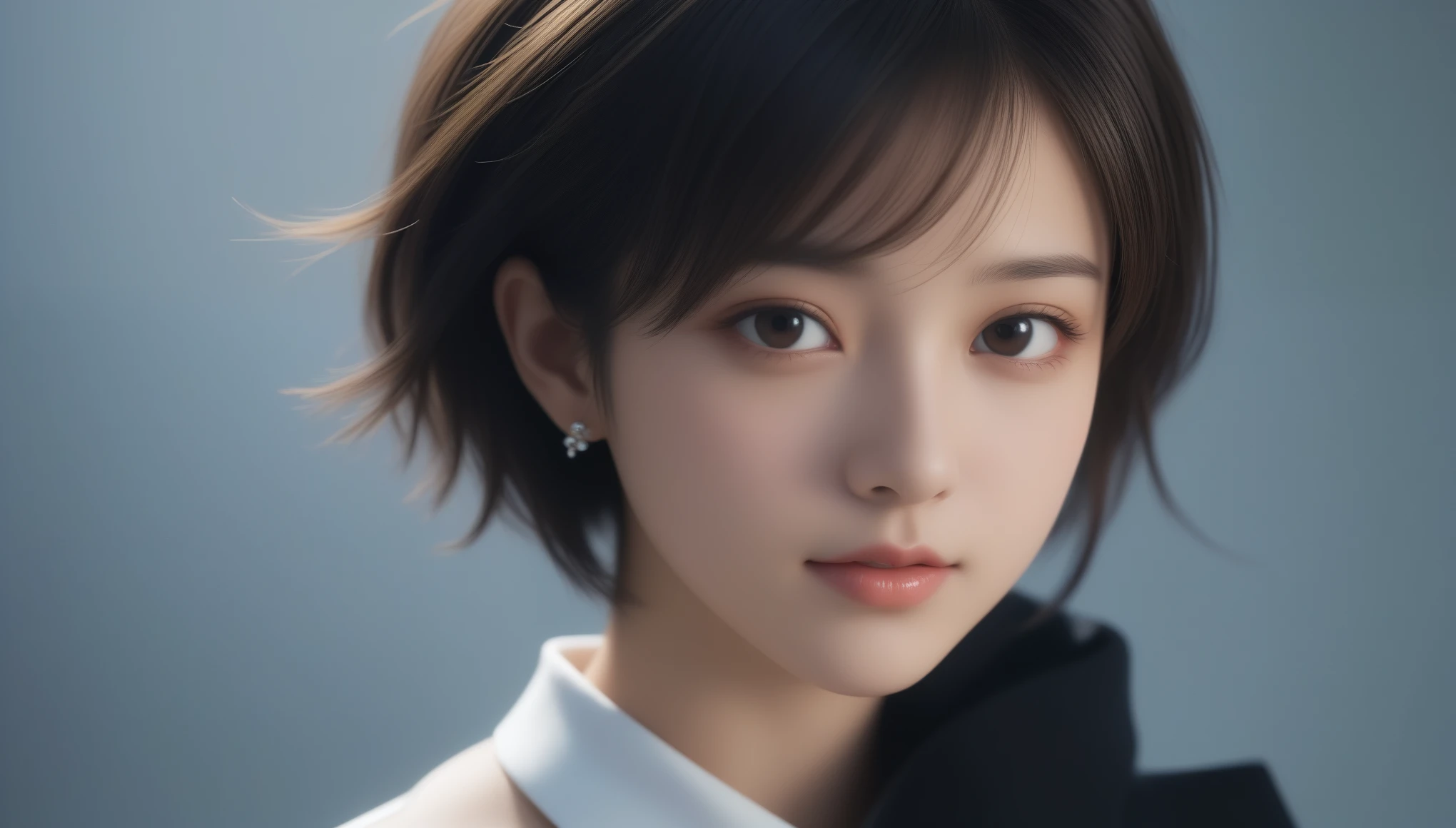 8K, 超High resolution, highest quality, masterpiece, Surreal, photograph, 1 girl, (:1.3), pretty girl, Cute face, Beautiful eyes in every detail,masterpiece,(Young Face),(Perfect Eyes), (Perfect hands), (Perfect Fingers), (Neck-length short hair: 1.5), (Simple tight skirt: 1.3), Silver Hair, collar, (gloves: 1.2), (gun), chain, distant future, The boundary between science fiction and fantasy has disappeared,(非常にdetailedな CG 8k 壁紙), (Very delicate and beautiful),Beautiful lighting, Realistic Shadows, [High resolution], detailedなスキン, 超detailed, Hmph (High Dynamic Range), Ray Tracing, NVIDIA, Super Resolution, Unreal 5, Scattered beneath the surface, PBR Textures, Post-processing, Anisotropic Filtering, Depth of written boundary, Maximum sharpness and sharpness, Multilayer Texture, Albedo and Highlight Mapping, Surface Shading, Accurate simulation of light-matter interactions, Perfect Proportions, Octane Rendering, 2-color light, Large Diameter, Low ISO, White balance, Rule of thirds, ,Dutch Angle,Excellent anatomy),Dynamic pose, Action pose, Open Pose, (Dark brown eyes),with strobe light、Dramatic shadows and highlights、Create images with depth and volume,1 Female Gothic、Tangle、Brilliant,Bob Cut Hair、Look at the audience、beauty,Long neck、Smile a little、Please close your mouth and laugh、(((Ideal body proportions))),A cup small breasts :2,、Portraiture:2、Perfect Anatomy、Vivid details、detailed、Surreal、Light and shadow,Strong light,Fashion magazine cover,Thin lips