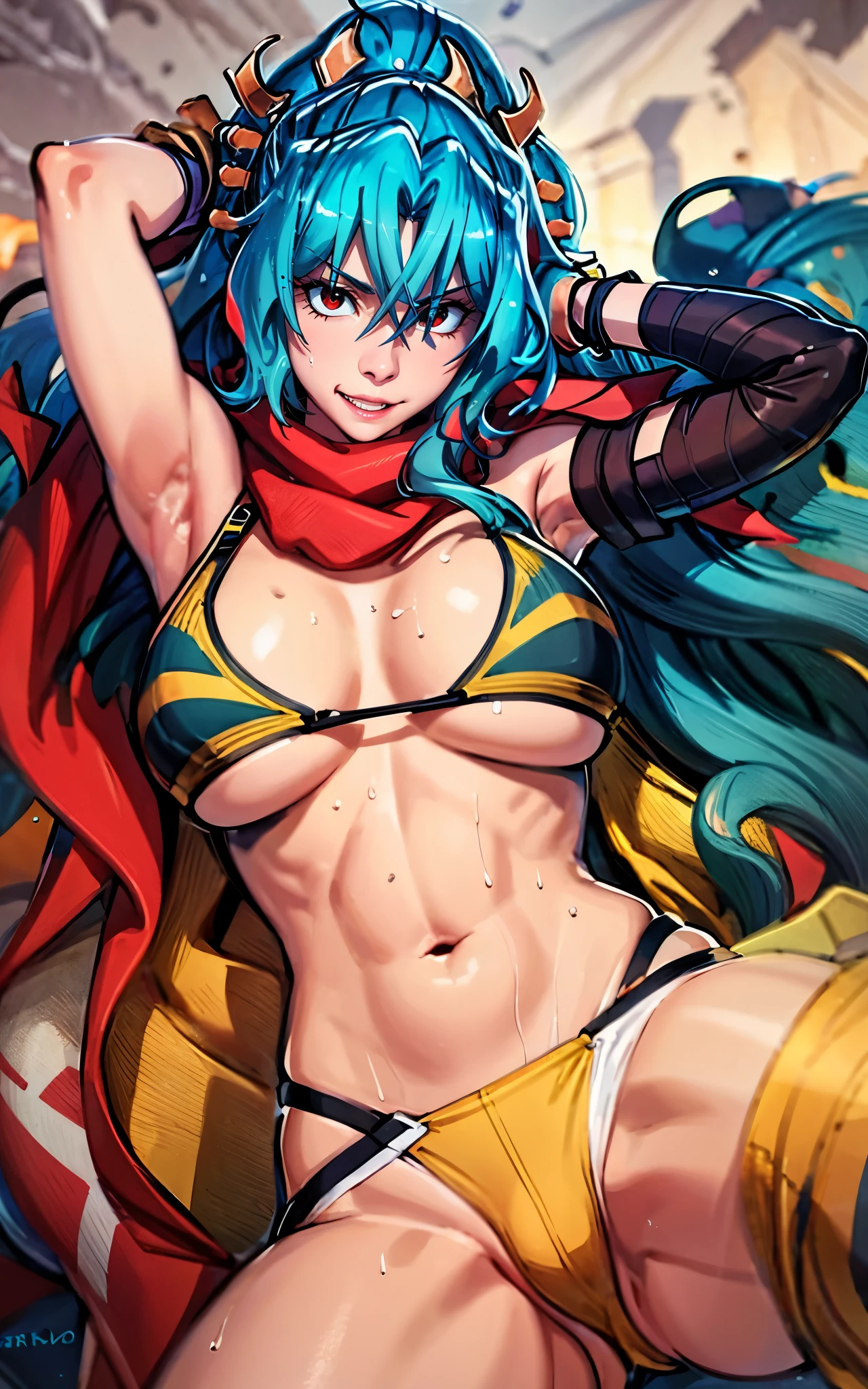 tomoe, aqua hair, long hair, ponytail, red scarf, hair between eyes, curvy, huge breasts, anatomically correct, best quality, masterpiece, high quality, high details, highres, HD, huge breasts, sagging breasts, sweating, armpits, pubic hair peek, sports bra, fur, (shaded face:1.2), hollow eyes, red eyes, looking at viewer, seductive smile, upper teeth, saliva, happy, pubic hair peek, steaming face, steaming body, sweating, "glow effects, godrays, Hand drawn, render, 8k, octane render, cinema 4d, blender, dark, atmospheric 4k ultra detailed, cinematic, Sharp focus, big depth of field, Masterpiece, colors, 3d octane render, 4k, concept art, trending on artstation, hyperrealistic, Vivid colors, extremely detailed CG unity 8k wallpaper, trending on CGSociety, Intricate, High Detail, dramatic"
