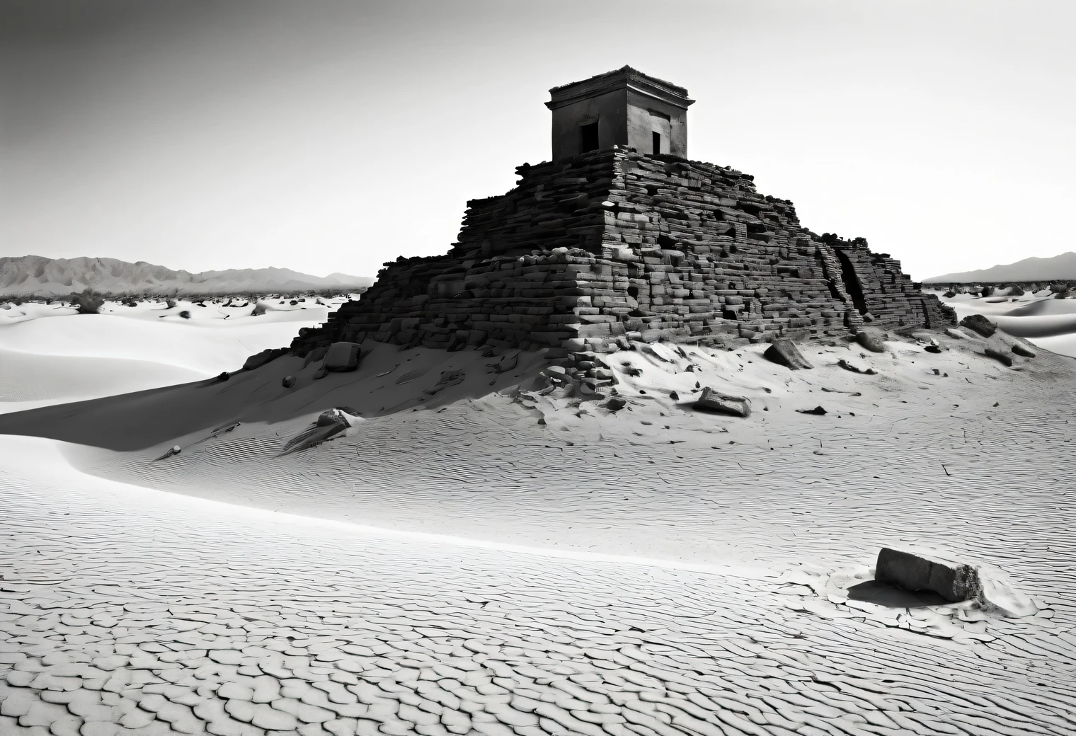 Desert, sand, ruins, bones, dryness, mirage, heat, death, antiquity, mystery, minimalism, charcoal, clarity, modern art, in detail