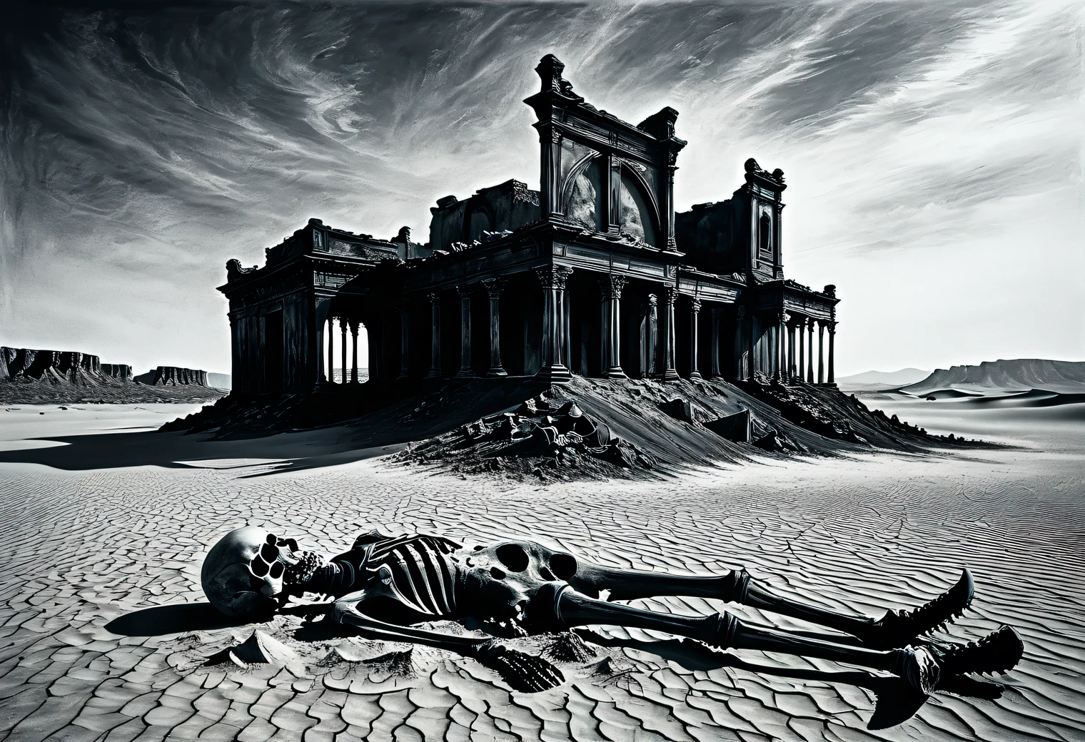 Desert, sand, ruins, bones, dryness, mirage, heat, death, antiquity, mystery, minimalism, charcoal, clarity, modern art, in detail