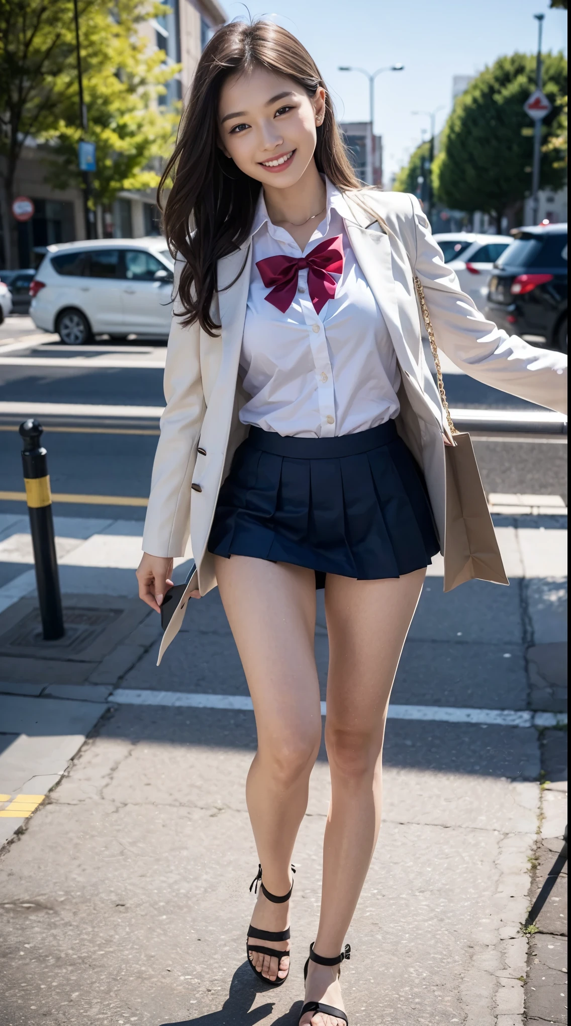 (((full bodyesbian)))、((Girls' High School Uniforms))、((１a person))、Close to the subject、((a chool buildings)))、(((ssmile)))、(((Girls' High School)))、((a beauty girl))、((cute sexy pose))、Photorealsitic、Beautiful detailed eyes、Hyper-Realism、highcontrast、Ultra HD、realistic skin textures、Top image quality、top-quality、Caucasian woman、dark blonde、blue eyes、long hair、setting hair、Her hair is loosely braided and falls over her shoulders.、smile、accessories on the wrist、Slender but well-proportioned muscular body、smile、big chest、smile、be tall、wearing sandals、I&#39;m shopping at a nearby supermarket.、Pushing cart、no panty no bra、NSFW,