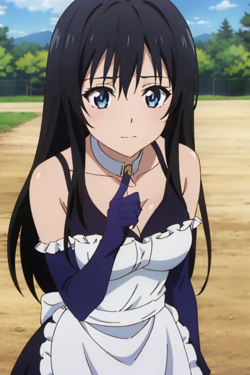 (megami magazine, anime poster style, shueisha style, anime cels style, best quality, high resolution), Yui kotegawa, long hair, black hair, (beautiful detailed eyes:1.8, beautiful face:1.5), 1girl, cute, (sagging large breasts), cleavage, (black maid bikini:1.5, waist apron), cowboy shot, maid gloves, elbow gloves, outdoors, farm