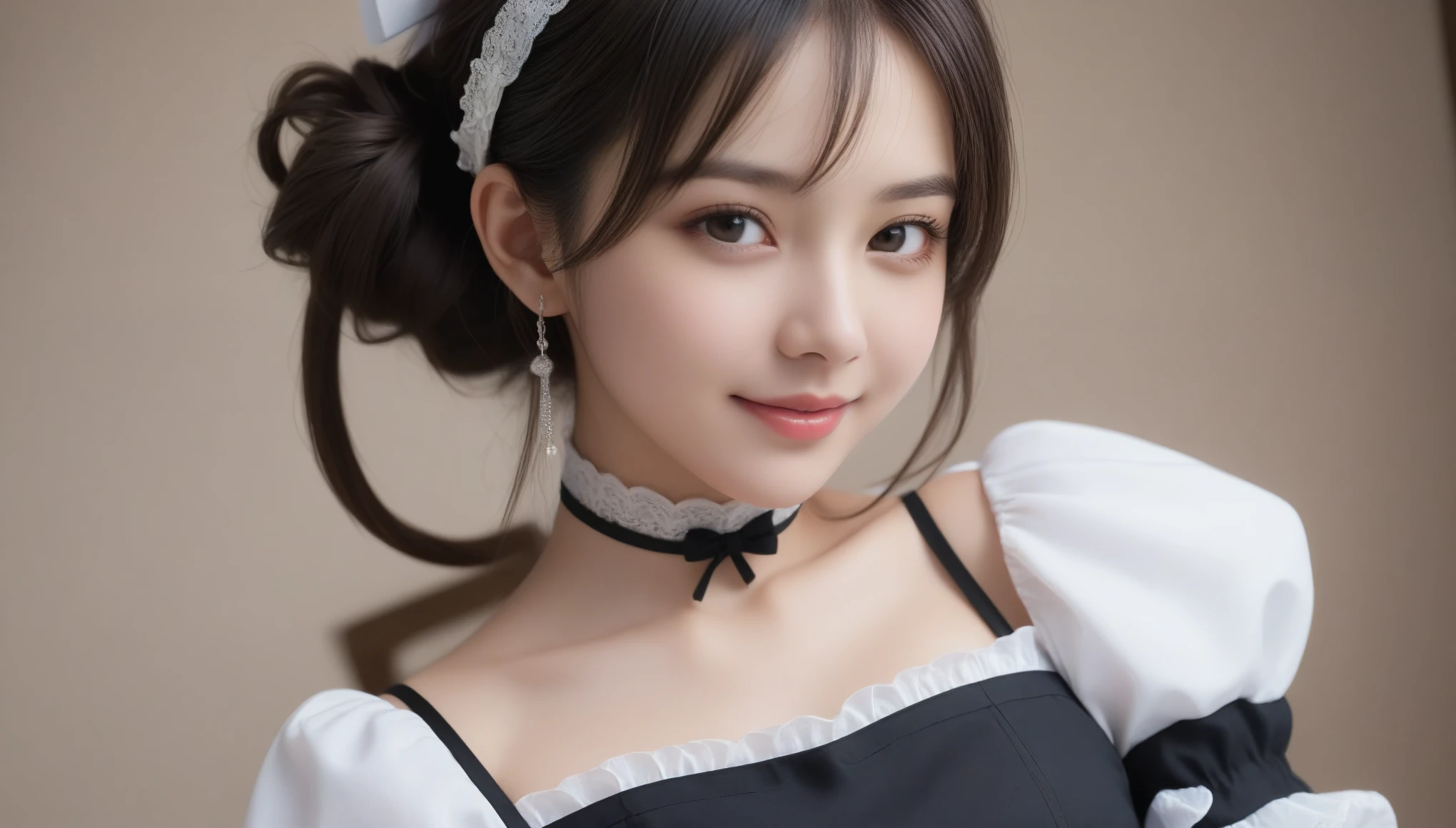 8K, 超High resolution, highest quality, masterpiece, Surreal, photograph, 1 girl, (16 years old:1.3), pretty girl, Cute face, Beautiful eyes in every detail,masterpiece,(生photograph:1.2), masterpiece, In 8K, High resolution, (Photorealistic:1.4), Cowboy Shot, 非常にdetailedな目と顔, Beautiful and fine details, Realistic Face, High resolution, 非常にdetailedな, highest quality, masterpiece, 非常にdetailedな,, grow, apartment, highest quality, Cinema lighting, ponytail, Mole, 20-year-old woman, (smile:0.5), Headdress, Black Ribbon, Puff sleeves, first round, choker, Apron with fine frills, Black maid outfit, Fullback panties,、Look at the audience、beauty,Long neck、Smile a little、Please close your mouth and laugh、(((Ideal body proportions))),A cup small breasts :2,、Portraiture:2、Perfect Anatomy、Vivid details、detailed、Surreal、Light and shadow,Strong light,Fashion magazine cover,Thin lips