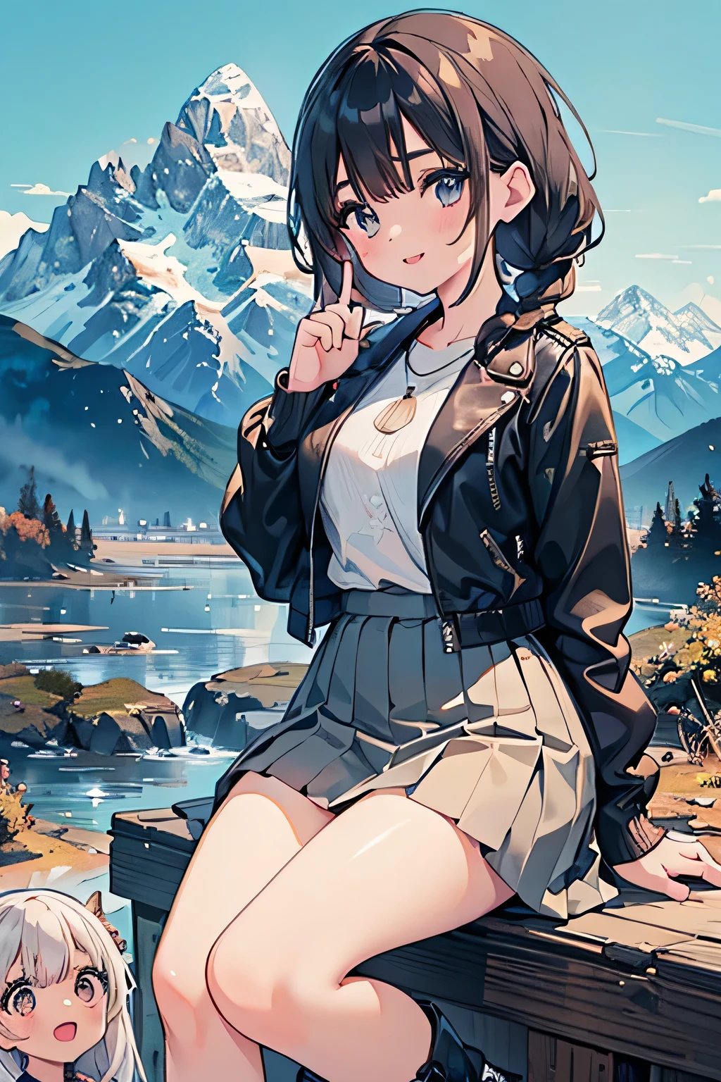 highest quality、High resolution、Detailed Background、(Beautiful face in every detail:1.4)、Anatomically correct、(Draw the usual number of fingers:1.2)、(Detailed facial expressions)、(Detailed eyes:1.2)、(Detailed eyes:1.2)、Beautiful, smooth skin、age beauty、(Highly detailed face:1.4)、Cute color hair color、Braided Ponytail、Braided Bob、Braided long hair、Wavy Hairstyle、well-groomed eyebrows、Cute Eye Makeup、Cute Lip Makeup、In a joking manner、Do cute things、Sunny autumn mountain、A big smile、In the beautiful natural scenery、Spectacular natural scenery、Fit on one screen、

(Two beautiful girls having fun with friends with mountains in the background:1.5)、

Casual and mature leather style、Pair your leather skirt with a knit or shirt、Wear a shearling jacket or leather jacket on top.、Complete your look with boots or sneakers.