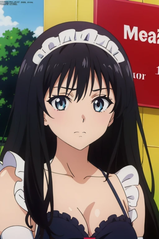 (megami magazine, anime poster style, shueisha style, anime cels style, best quality, high resolution), Yui kotegawa, long hair, black hair, (beautiful detailed eyes:1.8, beautiful face:1.5), 1girl, cute, (sagging large breasts), cleavage, (black maid bikini:1.5, waist apron), cowboy shot, maid gloves, elbow gloves, outdoors, farm