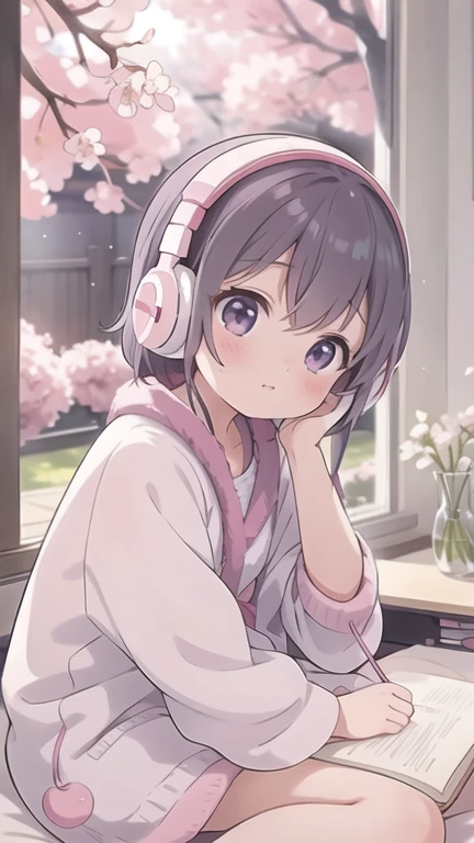 A beautiful girl studying in her room while listening to music with headphones、Outside the warmly lit room, cherry blossoms are blowing wildly.、Japanese anime style