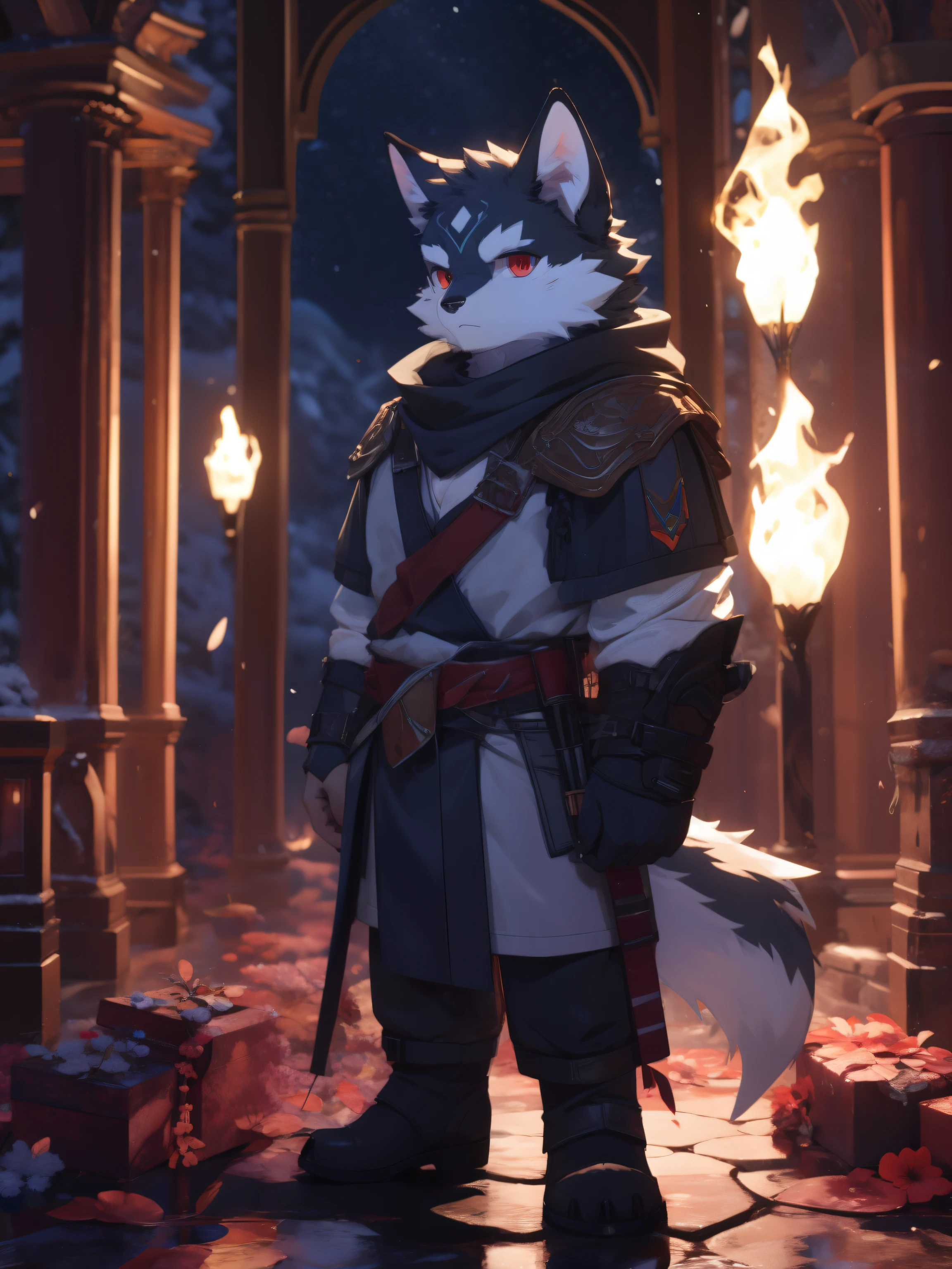 nj5furry，kemono，full-length portrait，anthro，hi res，male，Black fur，juvenile，strong，Adventurer，black Wolf，Bandage leggings，White plush feet，Red eyes，Detailed eyes，Delicate eyes，Extremely high detail，8k high definition characters，serious
