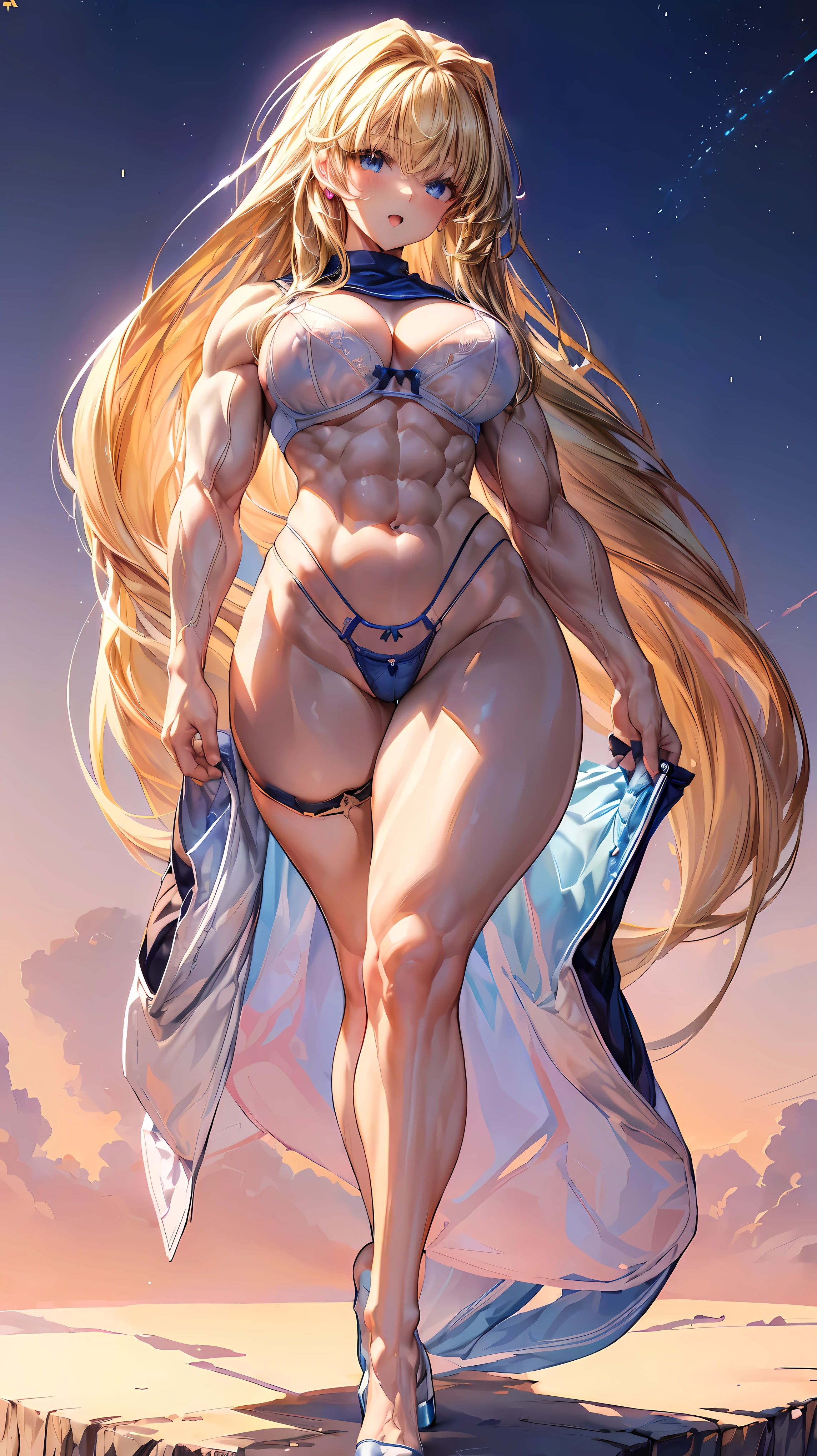 Very detailed、highest quality、Best image quality、masterpiece、8k、Anime Face、A kind smile、(Open your mouth:1.3)、Sparkling blue eyes、(Blonde semi-long hair:1.5)、(Muscles of the whole body:1.3)、(High leg panties:2.0)、Thigh belt、(Upper body photo:1.5)、(SFW Giant)、(Thick body:1.2)、(bra:1.5)
