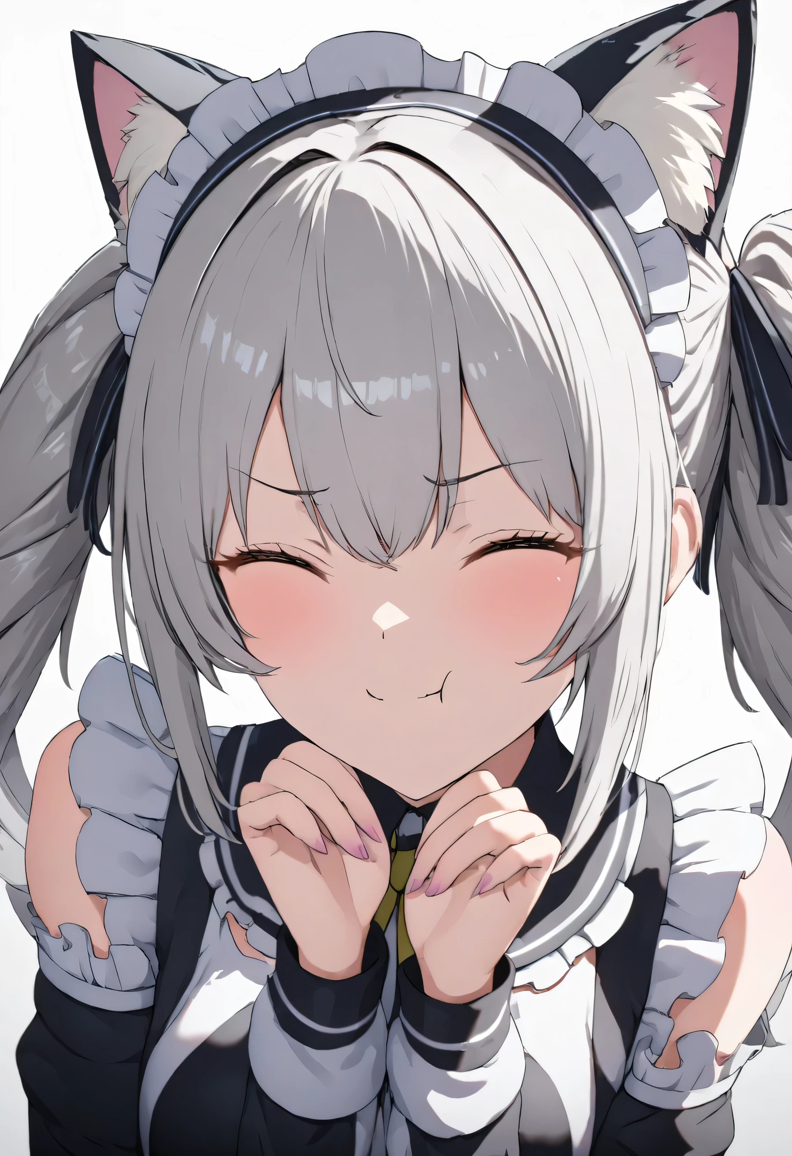 (((best quality ultra-detailed,unity 8k))),1 girl,pout,smile,close eye,,Shiny Hair,(((twin drill:1.3))),silver hair,(cat ear classical maid),maid Cafe、