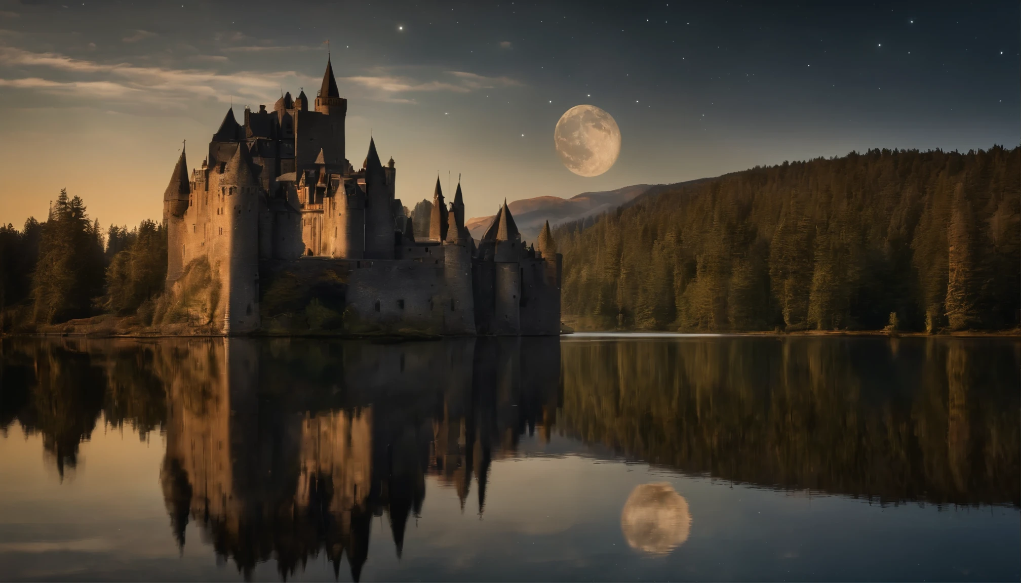 Castle in the mountains, high towers, forest of nine conifers, lake in front of the castle, dark starry night, the moon
