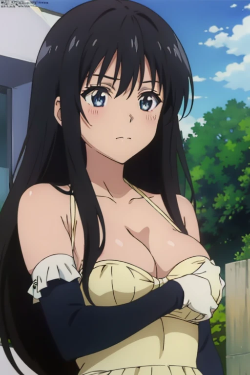 (megami magazine, anime poster style, shueisha style, anime cels style, best quality, high resolution), Yui kotegawa, long hair, black hair, (beautiful detailed eyes:1.8, beautiful face:1.5), 1girl, cute, (sagging large breasts), cleavage, (black maid bikini:1.5, waist apron), cowboy shot, maid gloves, elbow gloves, outdoors, farm