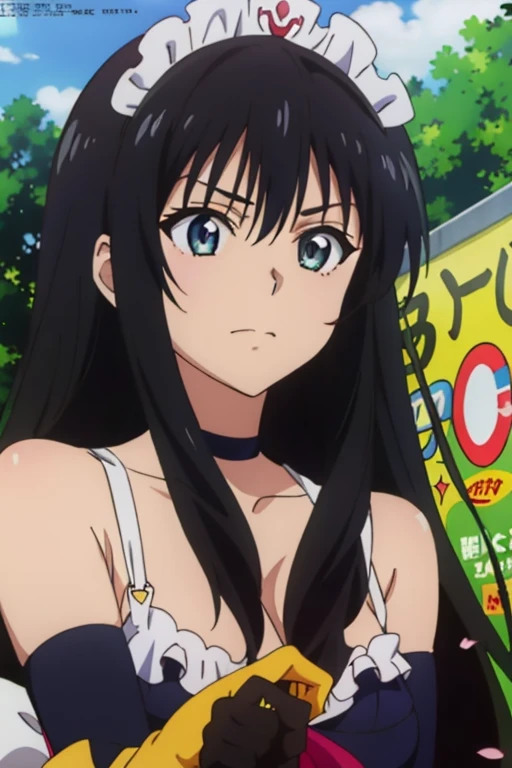 (megami magazine, anime poster style, shueisha style, anime cels style, best quality, high resolution), Yui kotegawa, long hair, black hair, (beautiful detailed eyes:1.8, beautiful face:1.5), 1girl, cute, (sagging large breasts), cleavage, (black maid bikini:1.5, waist apron), cowboy shot, maid gloves, elbow gloves, outdoors, farm