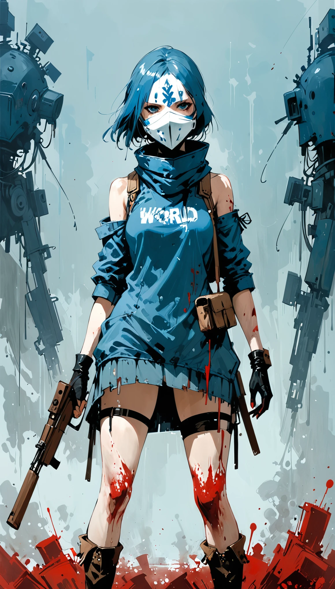 Ashley Wood (Ashley Wood) style of,1 Girl,Character Design and the End of the World,cowboy shot,indianred,dodgerblue,bloody mask,