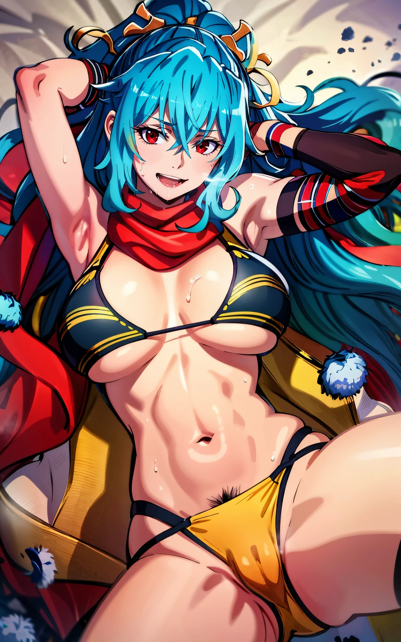 tomoe, aqua hair, long hair, ponytail, red scarf, hair between eyes, curvy, huge breasts, anatomically correct, best quality, masterpiece, high quality, high details, highres, HD, huge breasts, sagging breasts, sweating, armpits, pubic hair peek, sports bra, fur, (shaded face:1.2), hollow eyes, red eyes, looking at viewer, seductive smile, upper teeth, saliva, happy, pubic hair peek, steaming face, steaming body, sweating, "glow effects, godrays, Hand drawn, render, 8k, octane render, cinema 4d, blender, dark, atmospheric 4k ultra detailed, cinematic, Sharp focus, big depth of field, Masterpiece, colors, 3d octane render, 4k, concept art, trending on artstation, hyperrealistic, Vivid colors, extremely detailed CG unity 8k wallpaper, trending on CGSociety, Intricate, High Detail, dramatic"