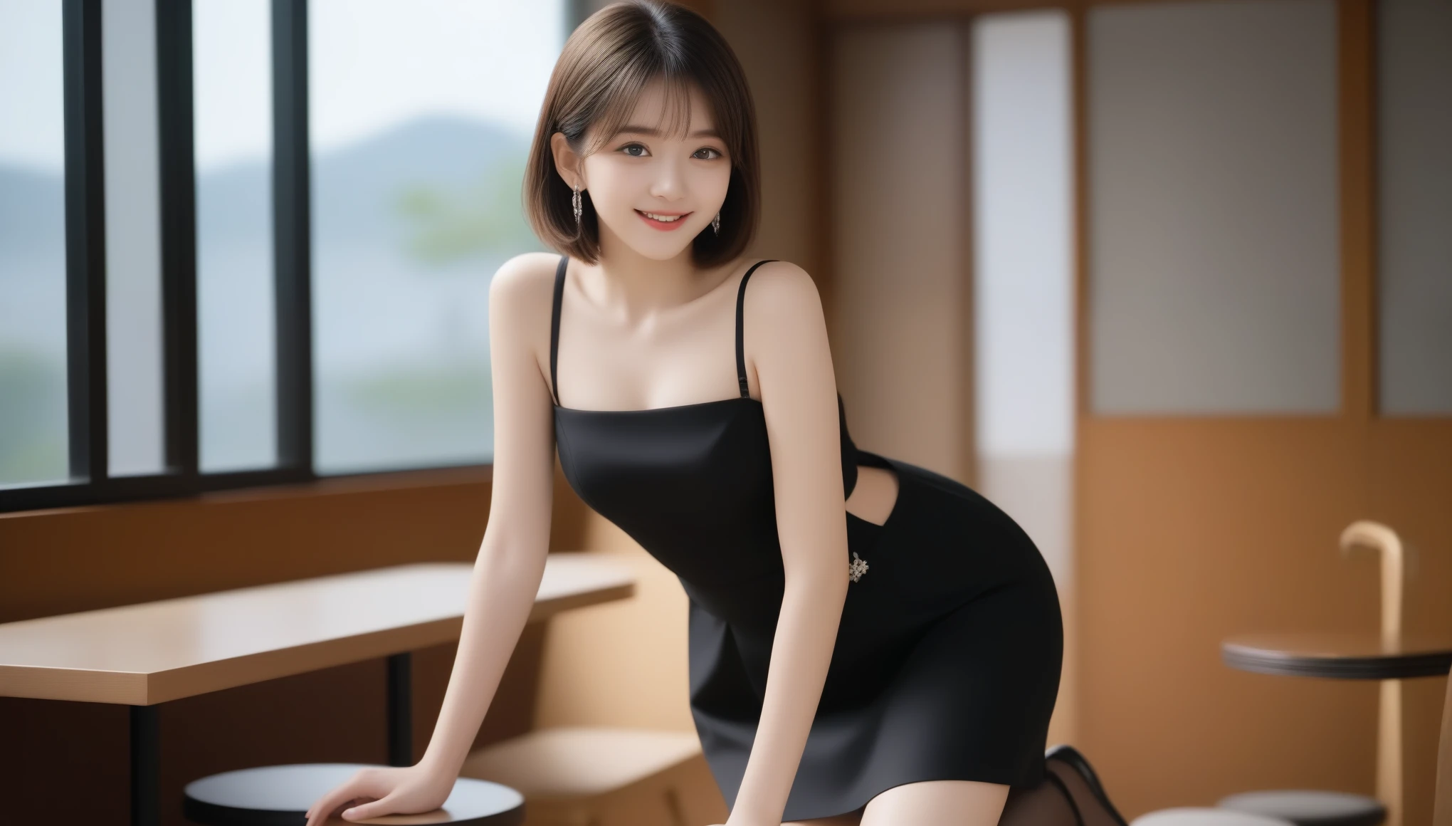 8K, 超High resolution, highest quality, masterpiece, Surreal, photograph, 1 girl, (:1.3), pretty girl, Cute face, Beautiful eyes in every detail,masterpiece,8K Ultra HD, Digital SLR, Complete Anatomy, (highest quality: 1.3), (masterpiece: 1.1), High resolution, Cinematic Light, 複雑なdetailed, (Realistic), outside, Beautiful outside, sunny, Most realistic, Japanese man, One Girl, 16 years oldB Cup), (Cafe: 1.5), Dimples, Short Straight Hair, Show Viewer, ribbon, Exposing shoulders, Tight shirt, Pencil Skirt, High Waist Skirt, Sit down and bend your legs slightly at the knees, indoor, Earrings, 10 denier shiny black pantyhose, Red High Heels, (smile), (whole body: 1.6), thin, shape、Look at the audience、beauty,Long neck、Smile a little、Please close your mouth and laugh、(((Ideal body proportions))),A cup small breasts :2,、Portraiture:2、Perfect Anatomy、Vivid details、detailed、Surreal、Light and shadow,Strong light,Fashion magazine cover,Thin lips
