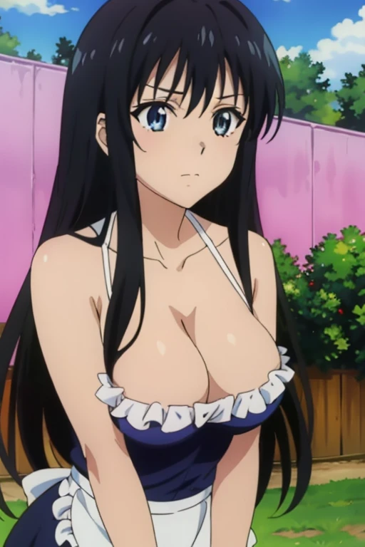 (megami magazine, anime poster style, anime cels style, best quality, high resolution), Yui egawa, long hair, black hair, (beautiful detailed eyes:1.8, beautiful face:1.5), 1girl, cute, (sagging large brecleavage, aid bikini:1.5, waist apron), cowboy shot, maid gloves, elbow gloves, outdoors, farm