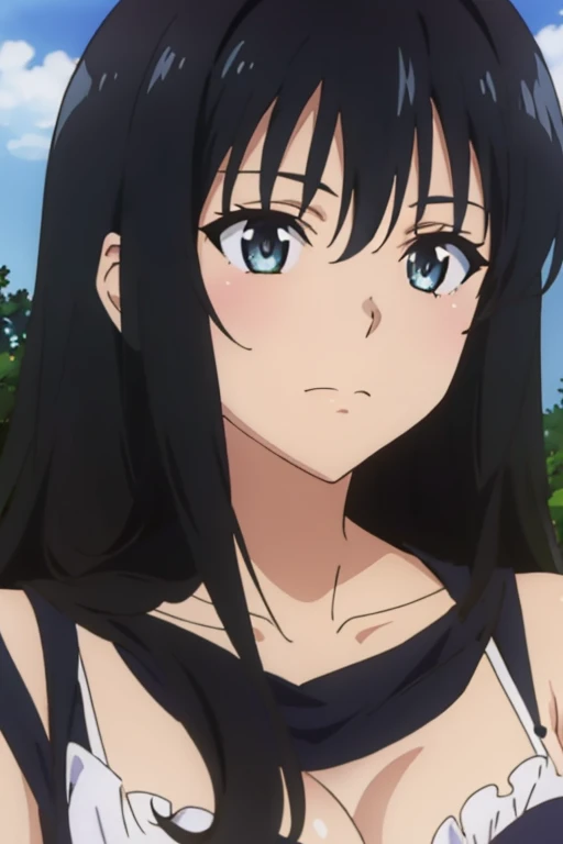 (megami magazine, anime poster style, anime cels style, best quality, high resolution), Yui kotegawa, long hair, black hair, (beautiful detailed eyes:1.8, beautiful face:1.5), 1girl, cute, (sagging large breasts), cleavage, (black maid bikini:1.5, waist apron), cowboy shot, maid gloves, elbow gloves, outdoors, farm
