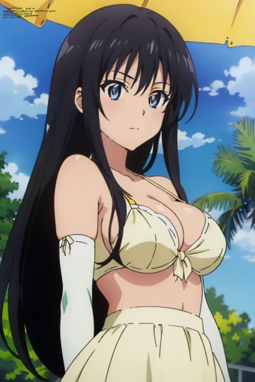 (megami magazine, anime poster style, anime cels style, best quality, high resolution), Yui kotegawa, long hair, black hair, (beautiful detailed eyes:1.8, beautiful face:1.5), 1girl, cute, (sagging large breasts), cleavage, (black maid bikini:1.5, waist apron), cowboy shot, maid gloves, elbow gloves, outdoors, farm