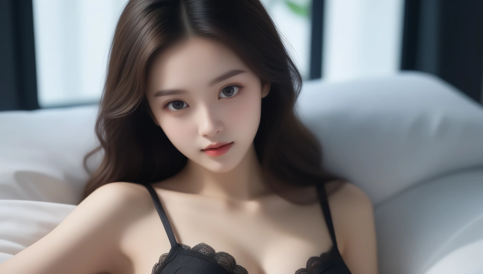 8K, Ultra-high resolution, highest quality, masterpiece, Surreal, photograph, 1 girl, (:1.3), pretty girl, Cute face, Beautiful eyes in every detail,masterpiece,((Realistic lighting, highest quality, 8k, masterpiece: 1.3)), Clear focus: 1.2, One Girl, alone, 完璧なボディのbeauty: 1.4, Slim Abs: 1.1, ((Dark brown hair, big: 1.3)), (Wearing ultra-thin black lace underwear: 1.4, Gray Stockings: 1.2), (Outdoor, night: 1.1), street, Ultra-fine face, Narrow eyes, double eyelid, Put your hands on your head, Lying in bed.Bold Pose、Look at the audience、beauty,Long neck、Smile a little、Please close your mouth and laugh、(((Ideal body proportions))),A cup small breasts :2,、Portraiture:2、Perfect Anatomy、Vivid details、detailed、Surreal、Light and shadow,Strong light,Fashion magazine cover,Thin lips