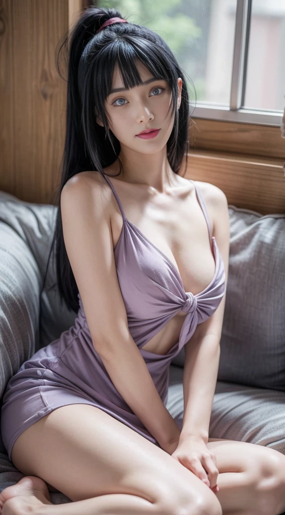 (ultra-realistic realism), (illustratio), (high resolution), (8K), (extremely detaile), (best illustration), (Beautiful and delicate eyes), (Best quality), (Super detailed), (tmasterpiece), (Wallpapers), (Detal Face), Tik, (dynamicposes), Full body image of a person with long hair and a tank top, hinata hyuga, hinata hyuga from naruto, from naruto, as an anime character, perfect anime face, she has dark blue hair with tied up , female anime character, anime characters, best anime girls, style hime cut hair, dark blue hair, pink lips, light purple eyes, smile, (pretty face:1.3)with camisole dress