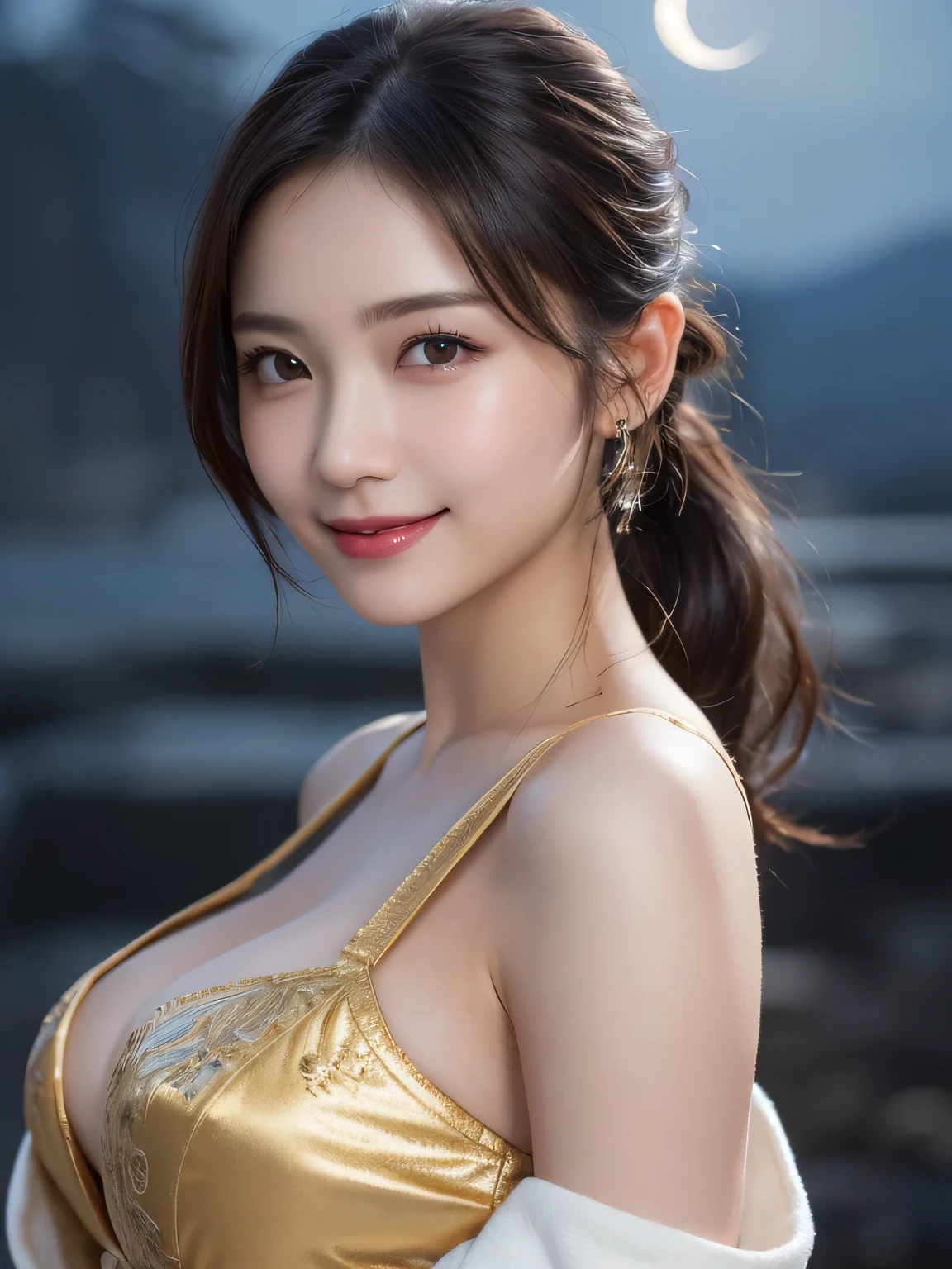 Kimono beauty, body portrait, 8K, thin and beautiful eyes, Dindal effect, masterpiece, top quality, high quality, high resolution, very detailed photo, (natural skin texture, fine skin, hyperrealism, super sharpness) , high detail skin, (very fine, fine skin texture, intricate details, ponytail, beautiful face, (real-like face), realistic eyes, beautifully detailed eyes, realistic skin, beautiful skin, hyper reality target, highly detailed, golden ratio, smiling eyes, ((night moonlight background) )), body portrait, G cup, big breasts, huge breasts, big breasts, glamorous,