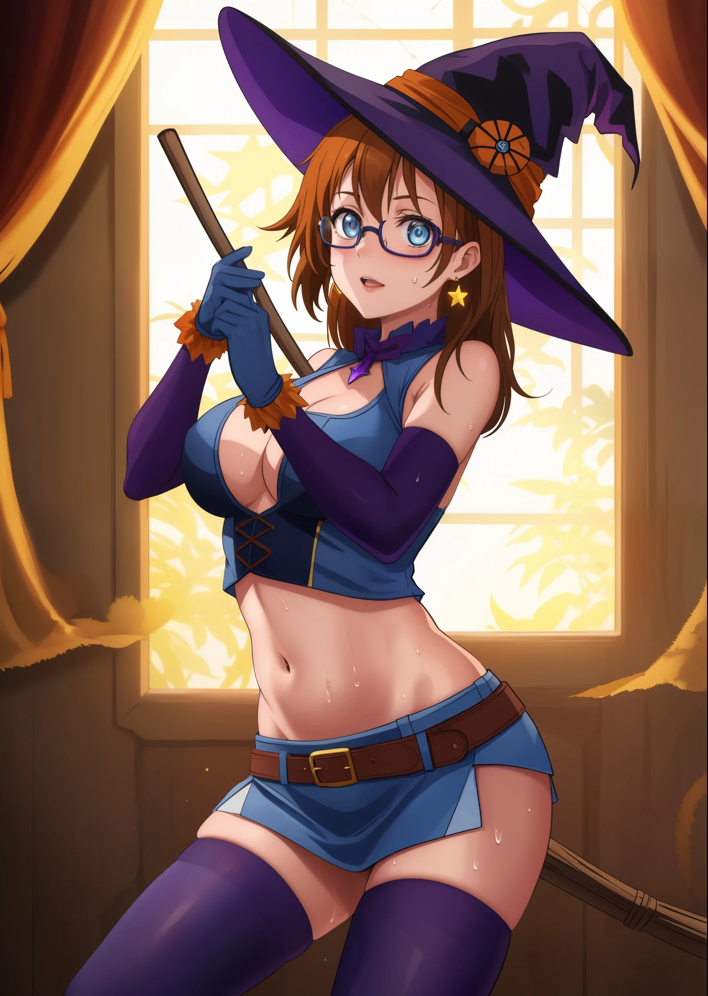 (Masterpiece, Best Quality, High Quality), volumetric lighting, illustration, beautiful, cowboy shot,kousaka honoka, blue eyes,mini skirt, large_breasts, thighhighs, gloves, hat, jewelry, earrings, glasses, belt, star_(symbol), witch_hat, clothes_pull, halloween, sexy witch, broom_riding, navel, exposed crotch,sweaty