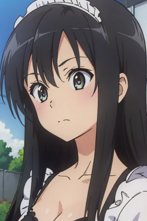 (megami magazine, anime poster style, anime cels style, best quality, high resolution), Yui kotegawa, long hair, black hair, (beautiful detailed eyes:1.8, beautiful face:1.5), 1girl, cute, (sagging large breasts), cleavage, (black maid bikini:1.5, waist apron), cowboy shot, maid gloves, elbow gloves, outdoors, farm