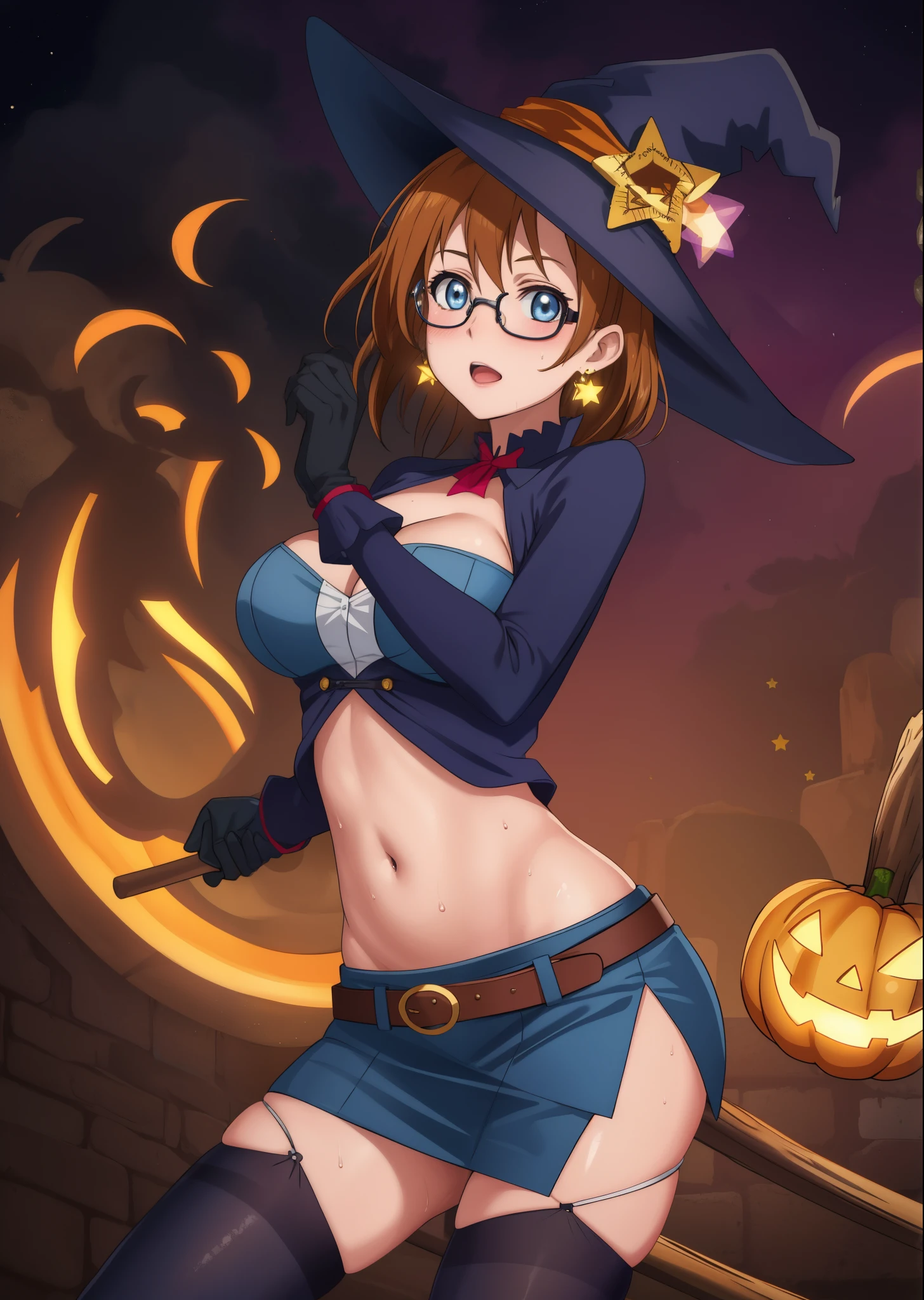 (Masterpiece, Best Quality, High Quality), volumetric lighting, illustration, beautiful, cowboy shot,kousaka honoka, blue eyes,mini skirt, large_breasts, thighhighs, gloves, hat, jewelry, earrings, glasses, belt, star_(symbol), witch_hat, clothes_pull, halloween, sexy witch, broom_riding, navel, exposed crotch,sweaty