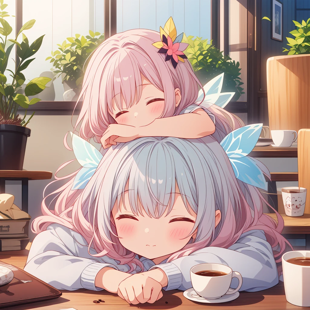  fairy、Living in a coffee cup、highest quality、Masterpiece、Official Art、16ｋ、super beautiful、Super detailed、Ultra-fine、Disorganized、A warm and cozy world of pastel colors、Cute and fluffy、Chibi sleeping in a coffee cup、I close my eyes and doze off.、