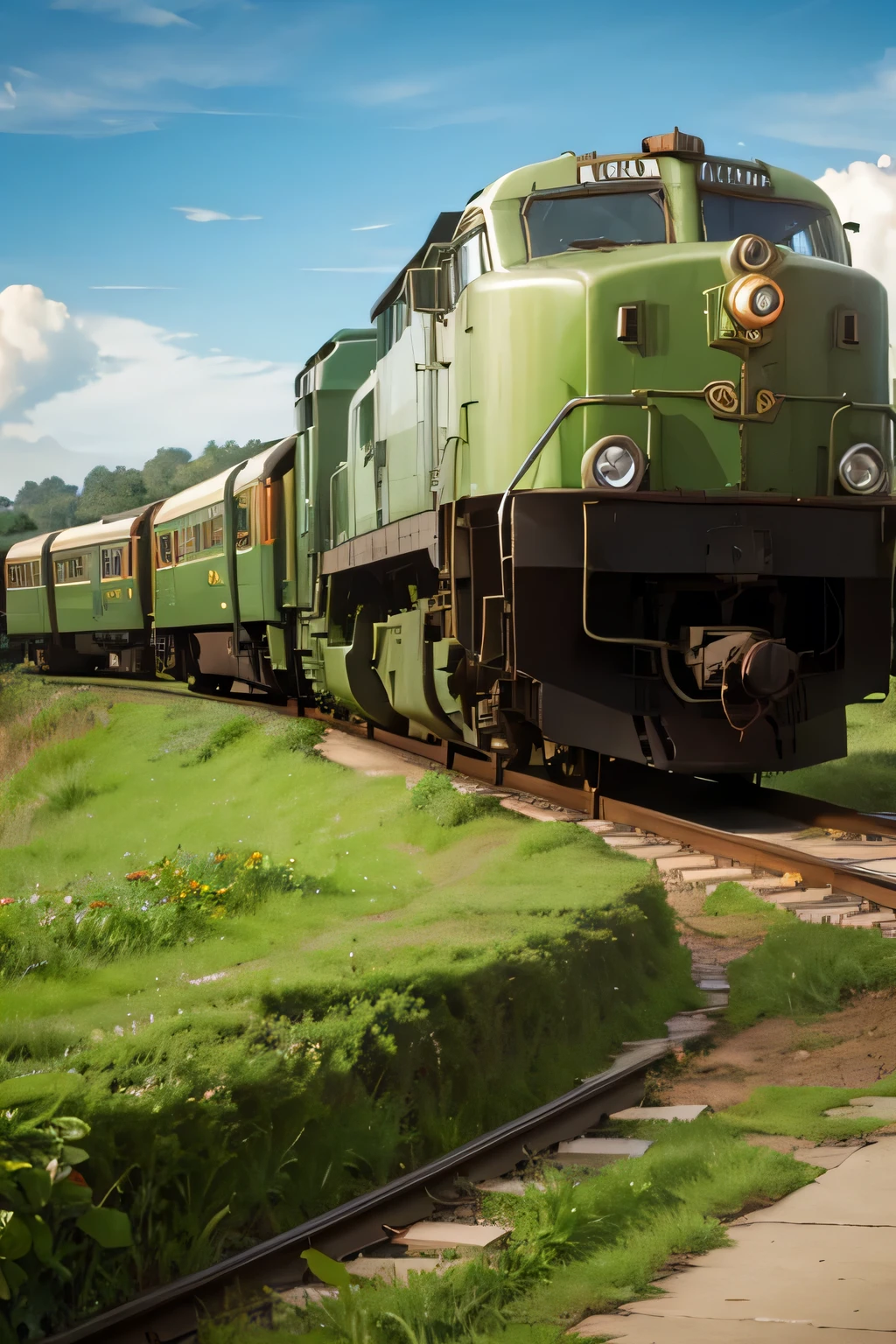 A green train is coming from a distance，S-shaped