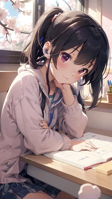 A beautiful girl studying in her room while listening to music with headphones、Outside the warmly lit room, cherry blossoms are blowing wildly.、Japanese anime style