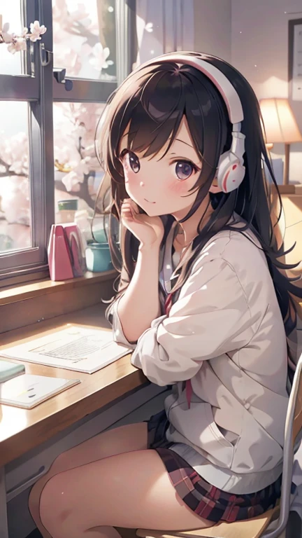 A beautiful girl studying in her room while listening to music with headphones、Outside the warmly lit room, cherry blossoms are blowing wildly.、Japanese anime style