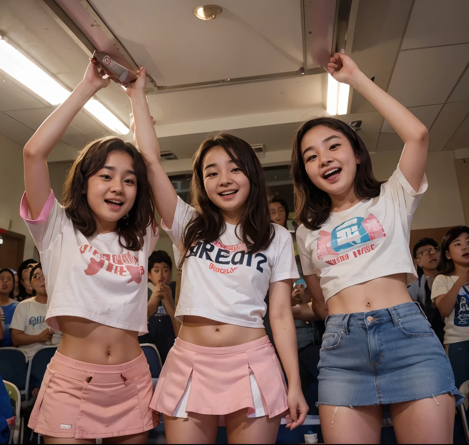 two  boys and a beautiful Korean mother wearing a high  were wetting their pants while holding their crotch in the open, urine came out of their pink mini skirt, then the entire audience consisting of adults, teenagers and children laughed hysterically .