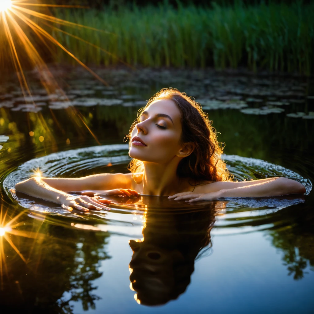 lighting coming from below, dappled reflections, caustics, sun glitter, night, pond, bathing woman