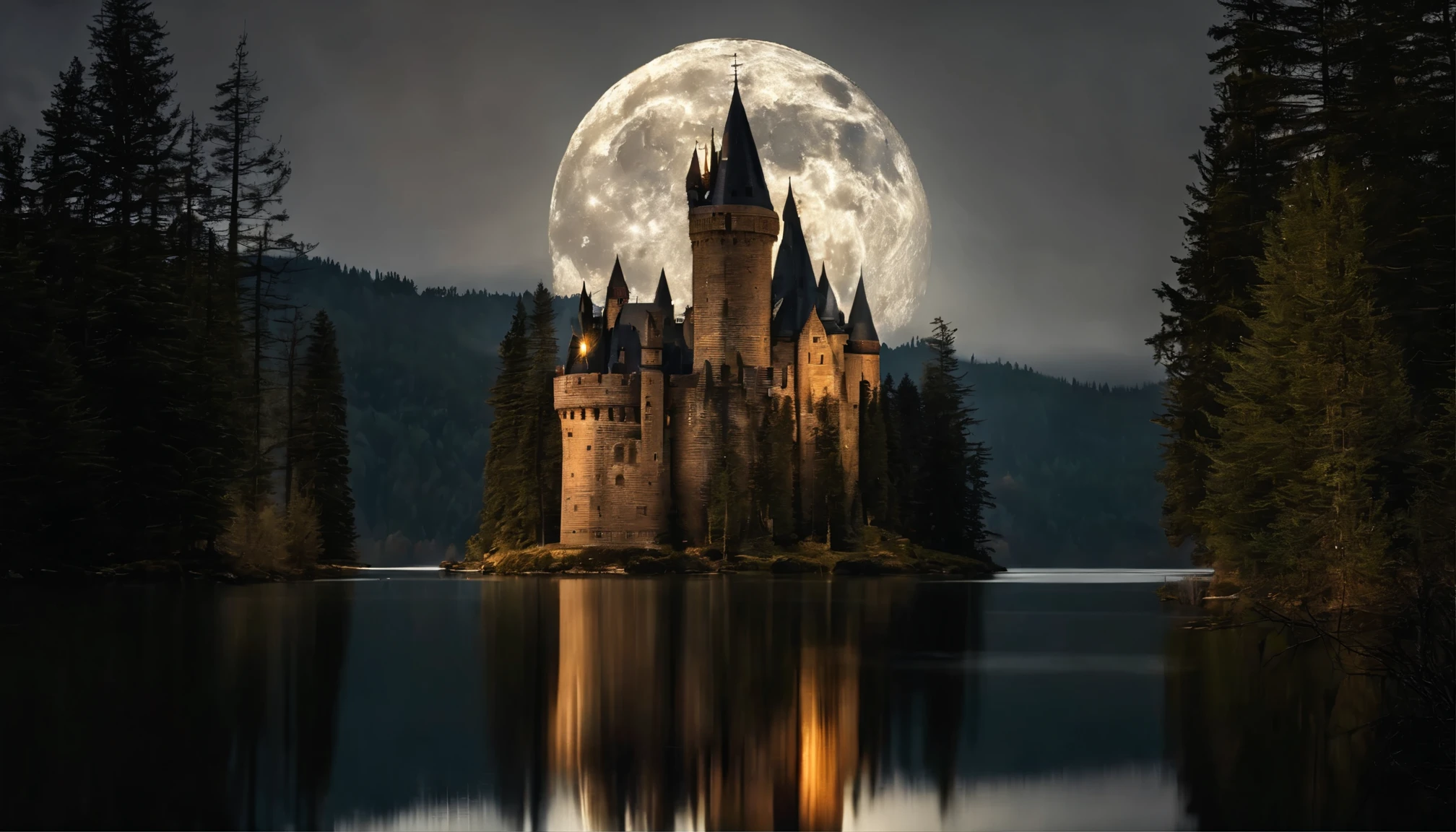 Big castle in the mountains, high towers, forest of nine conifers, lake in front of the castle, dark starry night, the moon
