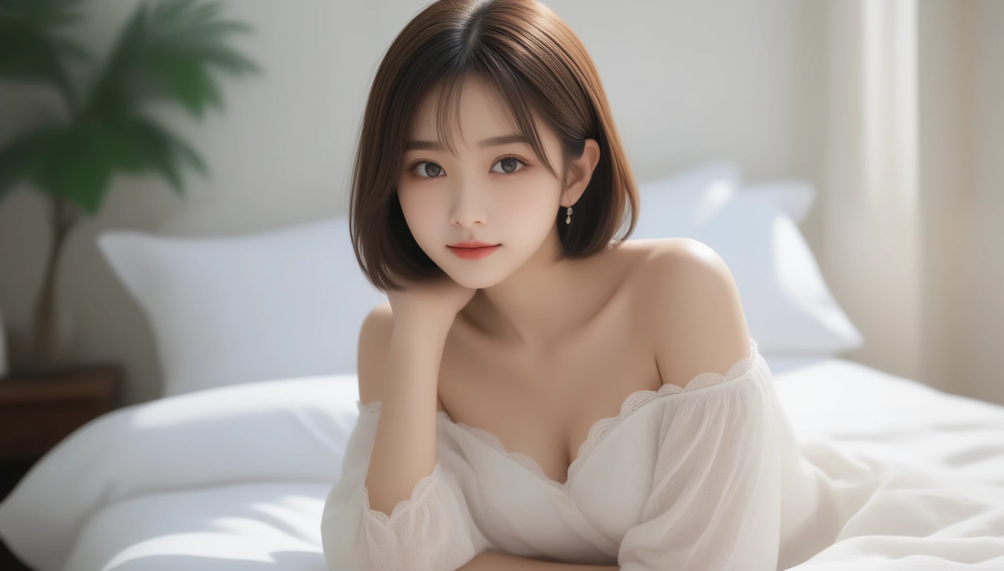 8K, Ultra-high resolution, highest quality, masterpiece, Surreal, photograph, 1 girl, (:1.3), pretty girl, Cute face, Beautiful eyes in every detail,masterpiece,(One Girl), Great face and eyes, (Big round eyes:1.15), (非常にdetailedな美しい顔), (Lace-off shoulder, Pleated mini skirt:1.3), (highest quality:1.4), (非常にdetailedな), (Surreal, Photorealistic:1.37), Beautiful white skin, 非常にdetailedな CG 統合 8k 壁紙, RAWphotograph, プロのphotograph撮影, Cinema Lighting, Bedroom, futon, pillow, Sitting, Spread your legs wide, Look at me, (Beautiful Flower Wallpaper), Ephemeral、Fragile, Adorable,Bob Cut Hair、Look at the audience、beauty,Long neck、Smile a little、Please close your mouth and laugh、(((Ideal body proportions))),A cup small breasts :2,、Portraiture:2、Perfect Anatomy、Vivid details、detailed、Surreal、Light and shadow,Strong light,Fashion magazine cover,Thin lips
