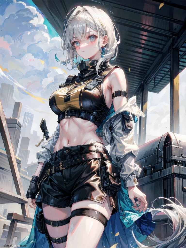 whole body, gunman attire, post apocalyptic desert city, absurdres, RAW photo, extremely delicate and beautiful, masterpiece, Best Quality, ultra high resolution, 32k, hyperrealistic, ultra-detailed, detailed description, pale skin, 20 years old, detailed beautiful face and eyes, tearful mole, earring, Colossal tits, short medium hair, wavy hair, midriff, shorts,