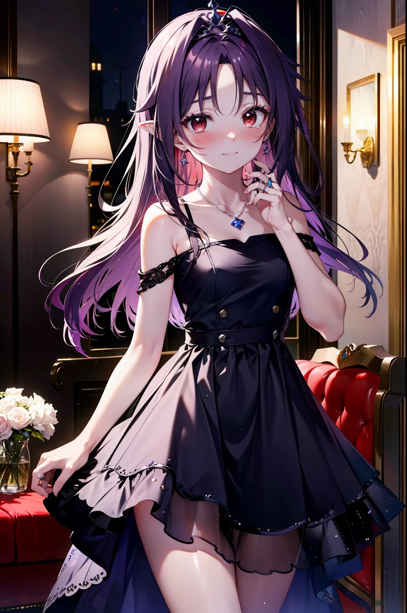 yuukikonno, Konno Yuuki,Long Hair, tiara,Pointed Ears, Purple Hair, (Red eyes:1.5), (Small breasts:1.2), smile,Purple Dress,Purple Long Skirt,Purple stiletto heels,Sleeveless,Expose your shoulders,Bare arms,Bare neck,bare clavicle,She is wearing a wedding ring on the ring finger of her left hand.,Heart Necklace,Tears stream down her face,Tears of joy,I cry a lot,There is a cake on the table,There is a box with a ribbon on it on the sofa.,ロマンチックなroom,Romantic night view,moonlight,
break inoors, room,
break looking at viewer, (Cowboy Shot:1.5),
break (masterpiece:1.2), highest quality, High resolution, unity 8k wallpaper, (shape:0.8), (Beautiful details:1.6), Highly detailed face, Perfect lighting, Extremely detailed CG, (Perfect hands, Perfect Anatomy),