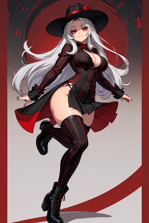 female, silver long hair with black highlights, red eyes, (((1girl))), (((red suit with black pinstripes))), (red knee length skirt with black pinstripes), (black dress shirt), (black ankle boots), (black stockings), (red wide brim fedora with black rose), cute and sexy, full body, large breasts, large butt, long legs, smiling