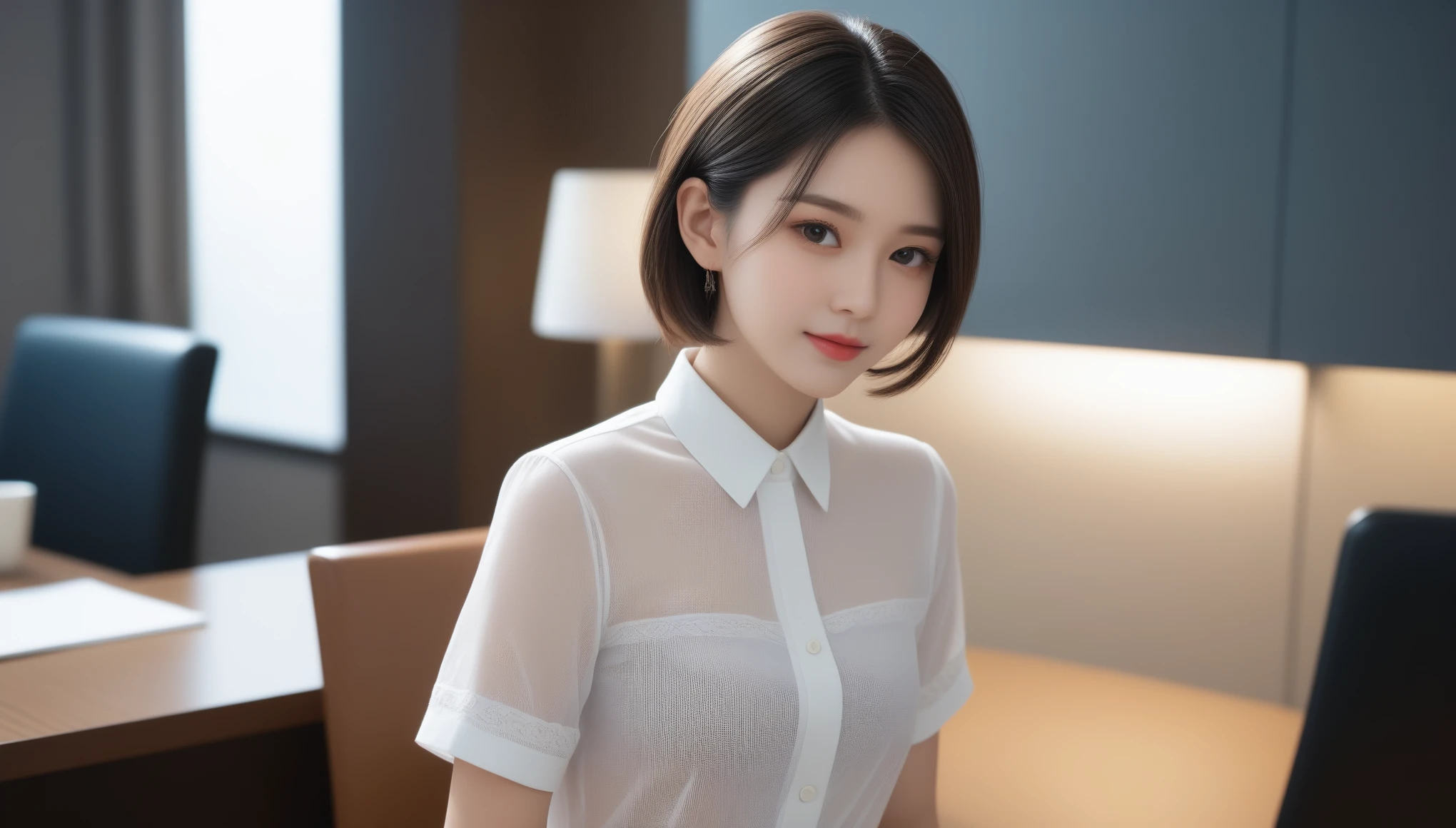 8K, Ultra-high resolution, highest quality, masterpiece, Surreal, photograph, 1 girl, (16 years old:1.3), pretty girl, Cute face, Beautiful eyes in every detail,masterpiece,(An elite secretary from the upper class wearing sheer underwear), Sit on a chair,Working in the office、 (Wear pantyhose)、(Short Layered Hair)、Crossing your legs, Wear high-end heels、 (Knee socks and skirt), Shirt Secretary, merchant, Wear a shirt and skirt, business suit, business attire, RAWphotograph, (8k、highest quality、masterpiece:1.2)、(Intricate details:1.4)、(Photorealistic:1.4)、Octane Rendering、複雑な3Dレンダリングの超detailed, Vivid details, Super Detail, Realistic skin texture, Detail Makeup, Beautiful details in the eyes, 非常にdetailedな CG Unity 16k 壁紙, Makeup - Makeup, (detailedな背景:1.2), Glossy Skin、Thighs bare!!!,.Bold Pose、Look at the audience、beauty,Long neck、Smile a little、Please close your mouth and laugh、(((Ideal body proportions))),A cup small breasts :2,、Portraiture:2、Perfect Anatomy、Vivid details、detailed、Surreal、Light and shadow,Strong light,Fashion magazine cover,Thin lips