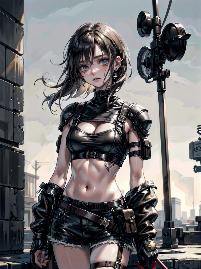 whole body, gunman attire, post apocalyptic desert city, absurdres, RAW photo, extremely delicate and beautiful, masterpiece, Best Quality, ultra high resolution, 32k, hyperrealistic, ultra-detailed, detailed description, pale skin, 20 years old, detailed beautiful face and eyes, tearful mole, earring, Colossal tits, short medium hair, wavy hair, midriff, shorts,