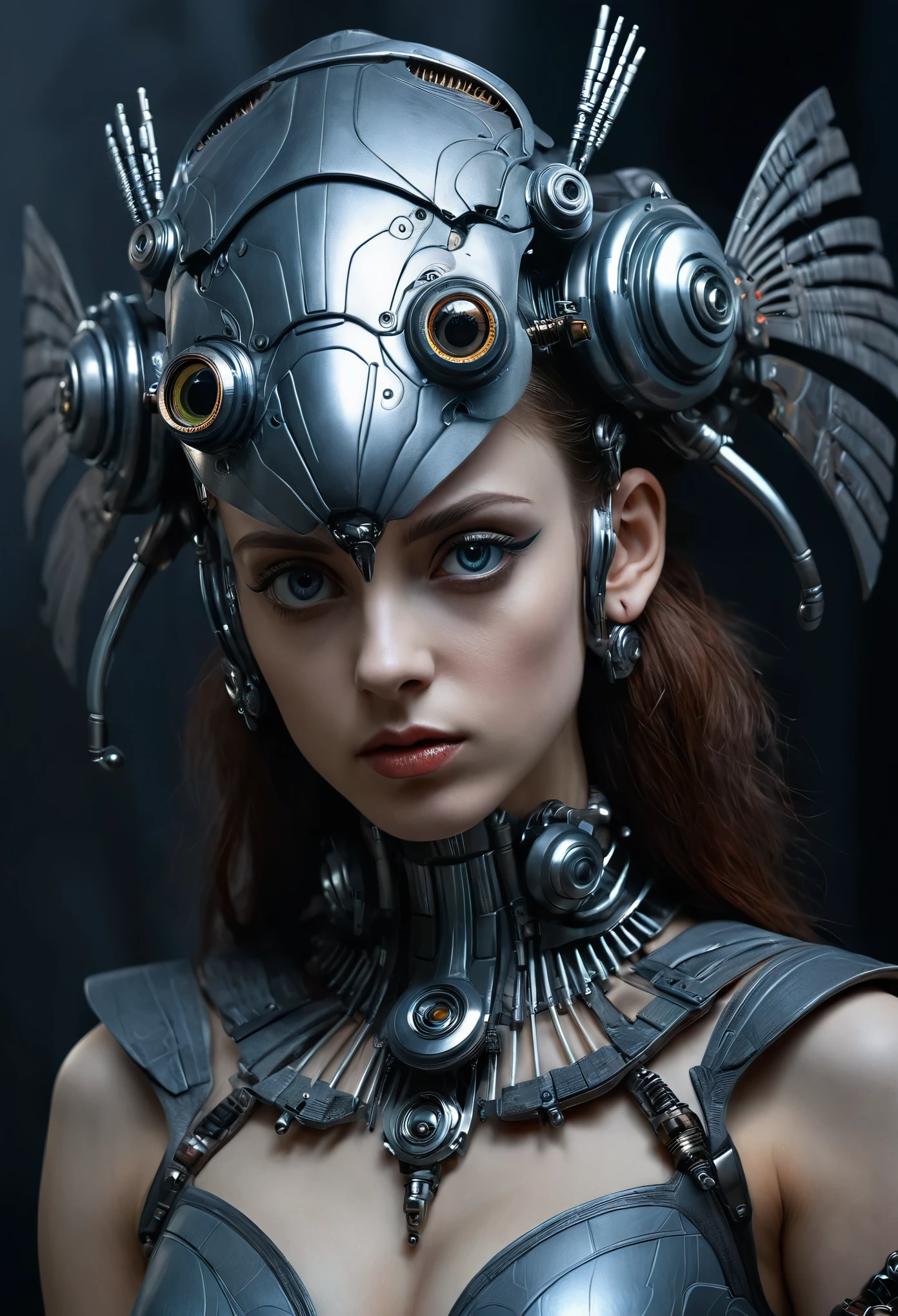 beautiful biopunk cyborg, full body portrait, sensual, perfect face, pale skin, complicated painting with fine lines, 8 thousand, ultra detail, trending on artstation, sharp focus, Illustration hyperrealistic, big eyes, very detailed, Chiaroscuro, Caravaggio, complicated details, very detailed, photo realistic, cinematic, movie still, captured in the style of Sony Alpha A7 III camera