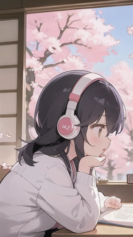 A beautiful girl studying in her room while listening to music with headphones、Outside the warmly lit room, cherry blossoms are blowing wildly.、Japanese anime style