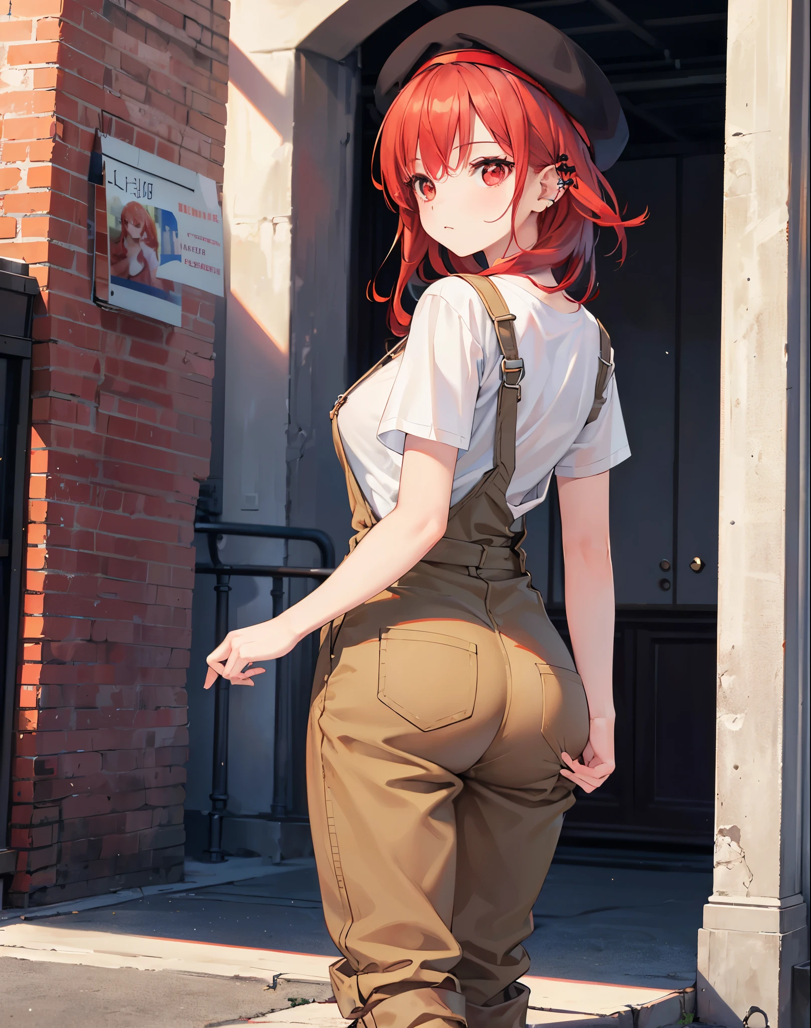 Realistic,highest quality, Ultra Detail, High-quality CG rendering, The most delicate and beautiful, Floating softly, High resolution, (1 girl), (Highest quality,4K,8K,masterpiece:1.2),(All red hair:1.5), (Medium Hair:1.5),(Red eyes:1.5),(Slightly larger breasts:1.2), (Beige overalls:1.3),(Pure white inner T-shirt:1.3),(Black boots:1.3)、(Black beret:1.3)、Piercing in left ear,In the city,old buildings,(Turn your back to your audience:1.3),Ass,(whole body:1.3)
