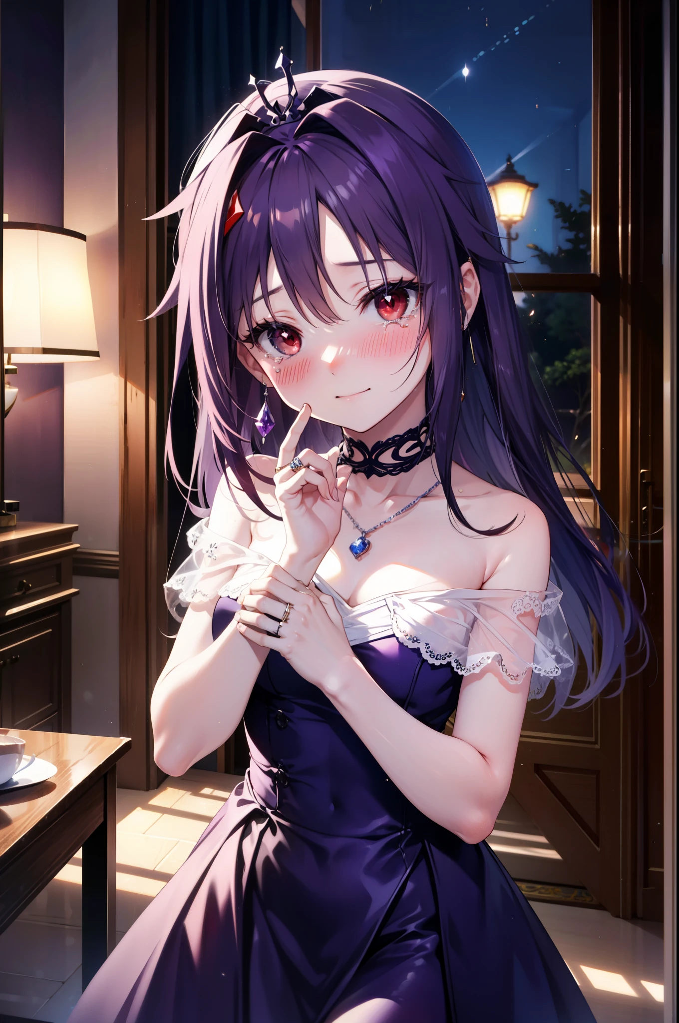 yuukikonno, Konno Yuuki,Long Hair, tiara,Pointed Ears, Purple Hair, (Red eyes:1.5), (Small breasts:1.2), smile,Purple Dress,Purple Long Skirt,Purple stiletto heels,Sleeveless,Expose your shoulders,Bare arms,Bare neck,bare clavicle,She is wearing a wedding ring on the ring finger of her left hand.,Heart Necklace,Tears stream down her face,Tears of joy,I cry a lot,There is a cake on the table,There is a box with a ribbon on it on the sofa.,ロマンチックなroom,Romantic night view,moonlight,
break inoors, room,
break looking at viewer, (Cowboy Shot:1.5),
break (masterpiece:1.2), highest quality, High resolution, unity 8k wallpaper, (shape:0.8), (Beautiful details:1.6), Highly detailed face, Perfect lighting, Extremely detailed CG, (Perfect hands, Perfect Anatomy),